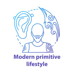 Modern primitive lifestyle blue concept icon. Body modification idea thin line illustration. Man with tattooed body, piercing. Tattoo studio. Vector isolated outline drawing. Editable stroke