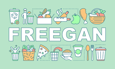 Freegan word concepts banner. Rejecting consumerism. Dumpster diving. Waste reducing. Presentation, website. Isolated lettering typography idea with linear icons. Vector outline illustration