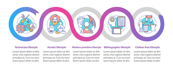 Fototapeta na wymiar Lifestyle types vector infographic template. Technician. Business presentation design elements. Data visualization with five steps, options. Process timeline chart. Workflow layout with linear icons