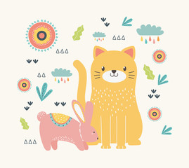 Cat and rabbit cartoon design vector illustration