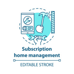 Subscription home management app concept icon. Online construction tools shop idea thin line illustration. Smartphone, wrench and hammer vector isolated outline drawing. Editable stroke