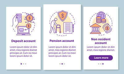 Account types onboarding mobile app page screen with linear concepts. Pension, non resident accounts. Three walkthrough steps graphic instructions. UX, UI, GUI vector template with illustrations