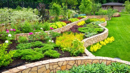 Gordijnen Landschappelijk panorama van huis tuin. Landschapsontwerp met planten, bloemen en steen in de achtertuin. © scaliger