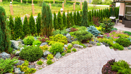 Landscaping panorama of home garden. Landscape design in backyard or yard of residential house.