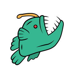 Anglerfish blue color icon. Swimming goosefish. Underwater world. Ocean monster, undersea floating animal with red eyes and open mouth. Marine predator. Isolated vector illustration