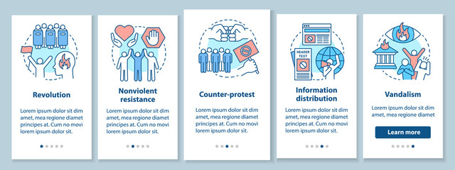 Civil unrest onboarding mobile app page screen with linear concepts. Political revolution and social protest walkthrough steps graphic instructions. UX, UI, GUI vector template with illustrations