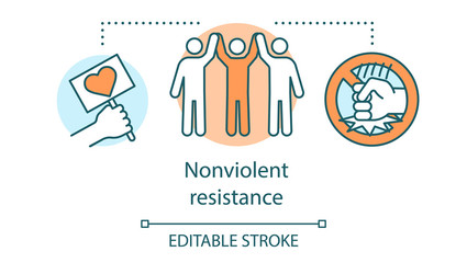 Nonviolent resistance concept icon. Peaceful social protest, pacifism idea thin line illustration. Placard with heart and protesters holding hands vector isolated outline drawing. Editable stroke