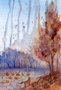 Abstract watercolor autumn landscape with pumpkins and fox