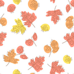 Seamless pattern with natural autumn fallen leaves of forest trees on white background. Bright colored botanical seasonal vector illustration in flat style for wrapping paper, wallpaper, fabric print.