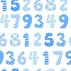 Cute blue number background. Seamless pattern with differen numbers.