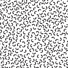 Minimal design. Black and white geometric background with small randomly scattered lines. Fashionable Memphis style of the 80's, 90's. Minimal design. Vector illustration Creative hipster pattern