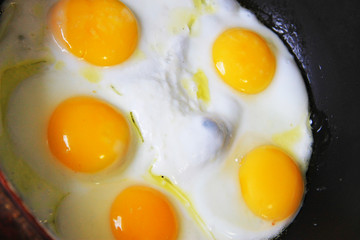 Whole roasted eggs on the black pan