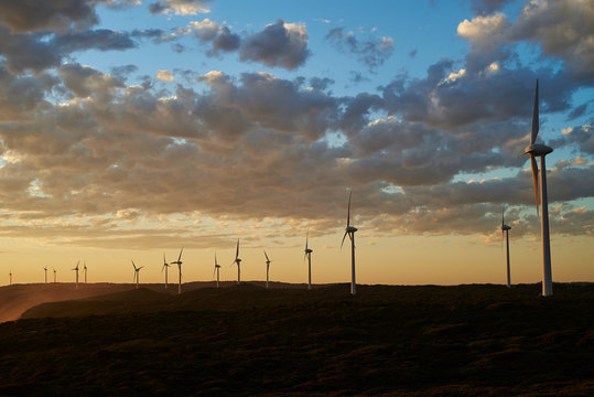 Wind Turbines At Sunset