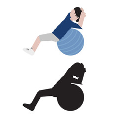 Person doing doing crunches on pilates ball in flat and silhouette style icon. Vector.