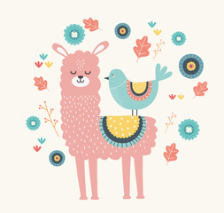 Llama and bird cartoon design vector illustration