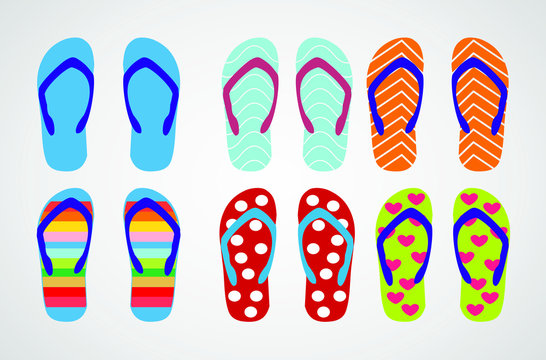 Set of Beach Slippers. Colorful Summer Flip Flops Over gray Background. Vector. EPS