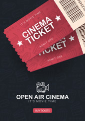 Open Air Cinema banner with tickets. Hand draw doodle background.