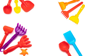 Plastic toys for sand isolated on white background. Kids toys.