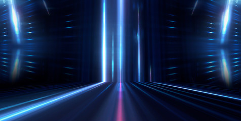 Empty stage, blue neon, abstract blue background. Rays of searchlights, light, abstract tunnel, corridor.