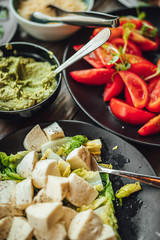 Brunch table in coffee shop, delicious food, Breakfast or brunch table filled with all sorts of delicious food