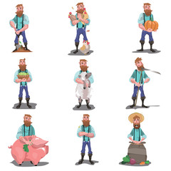 Farmer set. Raster illustration in flat cartoon style
