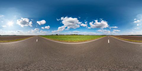 full seamless spherical hdri panorama 360 degrees angle view on asphalt road among fields in summer...