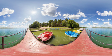 full seamless spherical hdri panorama 360 degrees angle view on wooden pier of huge lake or river...