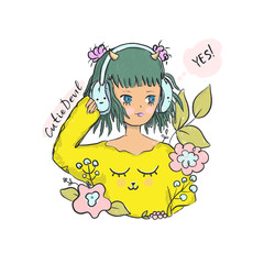 Hand drawing of a cute girl in a yellow sweater and headphones. Girlish illustration, print design for t-shirts, devil, kawaii style.