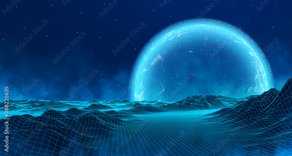 Poster vector retro futuristic background. abstract digital landscape with particles dots and stars on hori