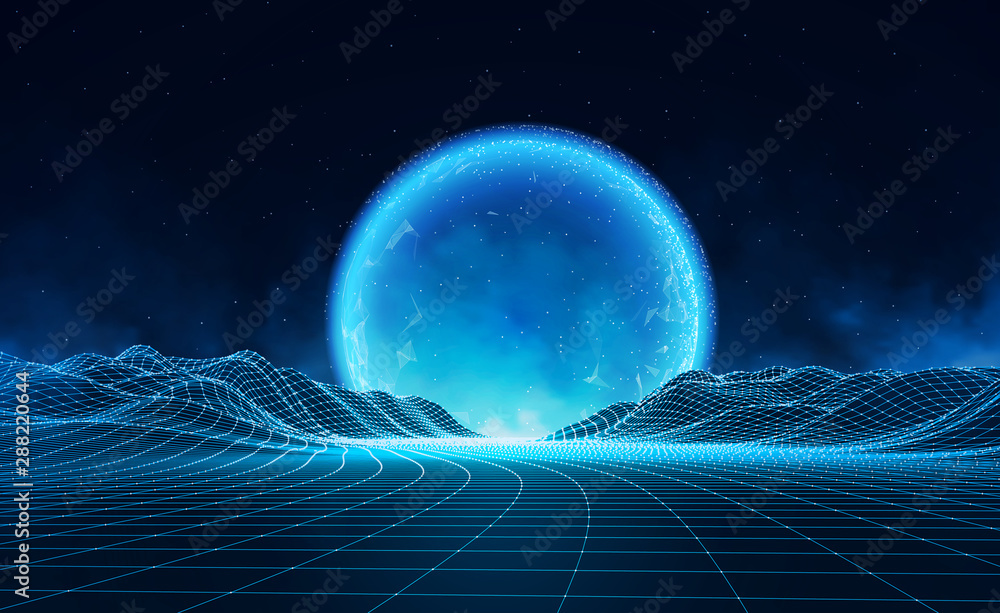 Poster vector retro futuristic background. abstract digital landscape with particles dots and stars on hori