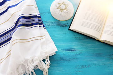religion image of Prayer Shawl - Tallit and Prayer book jewish religious symbols. Rosh hashanah...