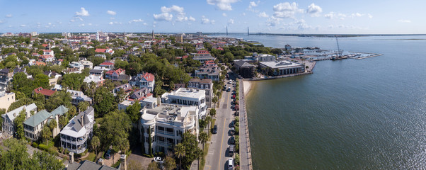 Aerial panorama of downtown historic Charleston, South Carolina with Ravenel Bridge in background.