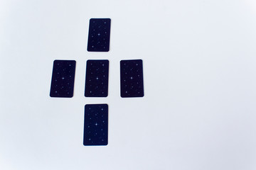 five tarot esoteric prediction cards cross spread on white background