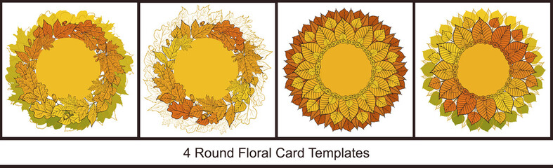 Set of 4 round card templates with colorful autumn leaves on white background. Bright fall collection for season design
