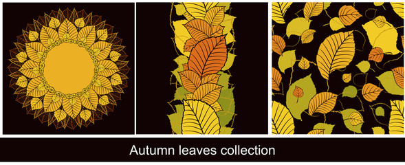 Set of seamless pattern, border, and round frame with abstract autumn tree leaves on black background. Colorful fall collection for season design