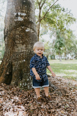 Precious Little Toddler Boy Dressed Up in the Outdoors Forest Park for Portraits in Autumn by Big Natural Tree Having Excited Fun Outside in Nature