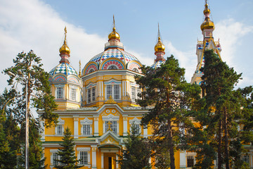 The Ascension Cathedral in Almaty, Kazakhstan. Is a Russian Orthodox cathedral. Completed in 1907, the cathedral is made out of wood but without nails and second tallest wooden building in the world.