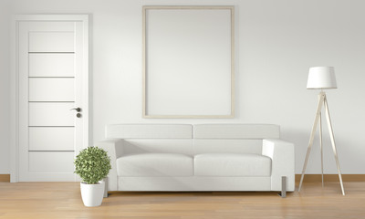 Mock up poster frame on white wall with white sofa on modern room interior.3D rendering