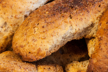Homemade baked bread on table, closeup