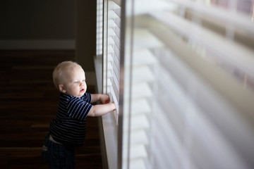 Toddler boy playing with window blinds