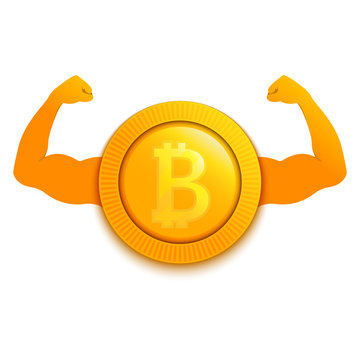 Strong bitcoin cryptocurrency showing big muscles. Inflating the coin on the stock market. Increase of the value of the digital gold. Blockchain and mining sign.Vector cartoon illustration