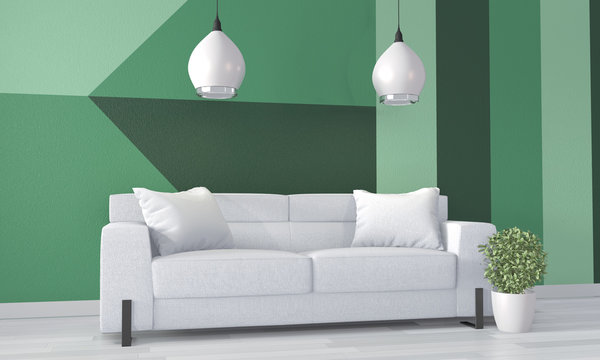 Ideas Of Green Room Geometric Wall Art Paint Design Color Full Style On Wooden Floor.3D Rendering