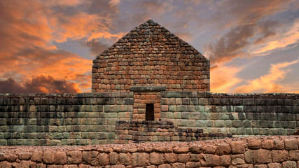 Ingapirca, Sunset at an archaeological site also known as the temple of the sun. Built by Cañari and Inca cultures. Province of Cañar, Ecuador. Ingapirca front door