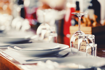 Catering service. Table setting, glass goblets, cutlery