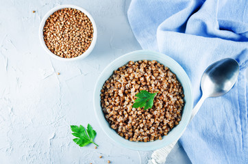 Buckwheat porridge with fresh parsley leaves