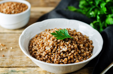 Buckwheat porridge with fresh parsley leaves
