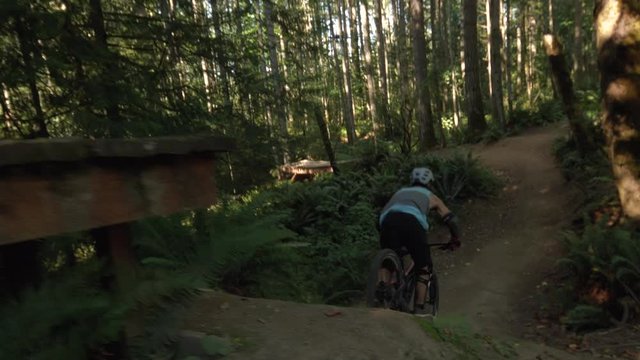 Camera Follows Mountain Bike Tires Riding Wood Obstacle to Drop on Forest Trail