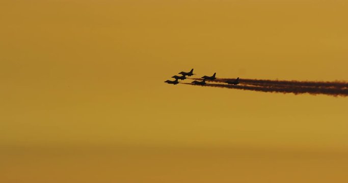 Slow motion of thunderbirds fly celebrating upcoming film &lsquo;Captain Marvel&rsquo; representing the honor of the men and women serving in the armed forces in Los Angeles, California. 