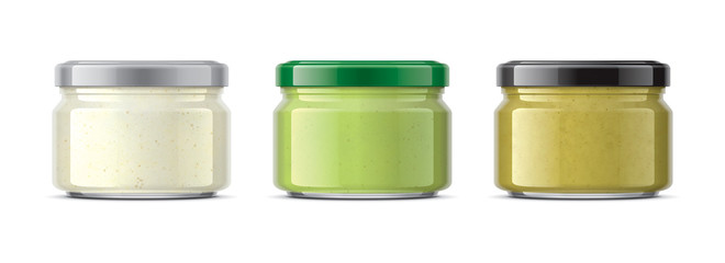Set of Glass Jar with Sauces, Mustard, Wasabi, Horseradish. 