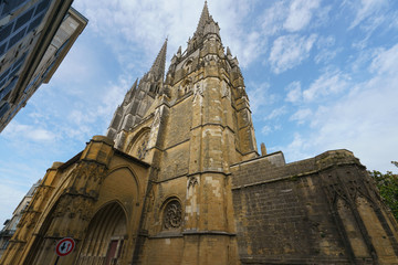 Medieval cityscape. Exterior of gothic Cathedral of Saint Mary of Bayonne / Cathedral of Our Lady of Bayonne / Cathédrale Notre-Dame de Bayonne. UNESCO World Heritage